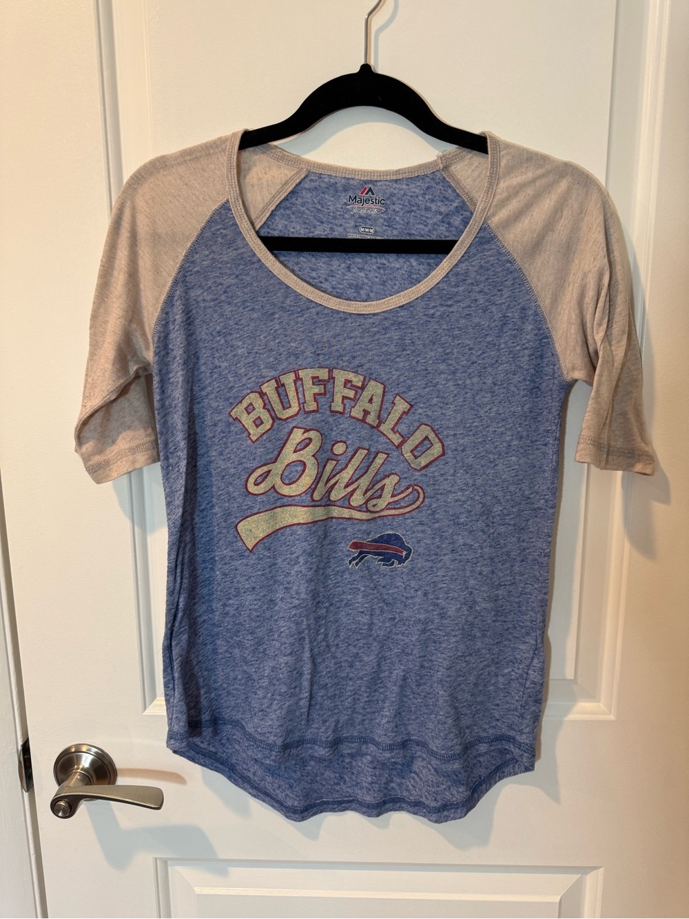 Majestic Buffalo Bills Short Sleeve Raglan Tee in Blue and Grey